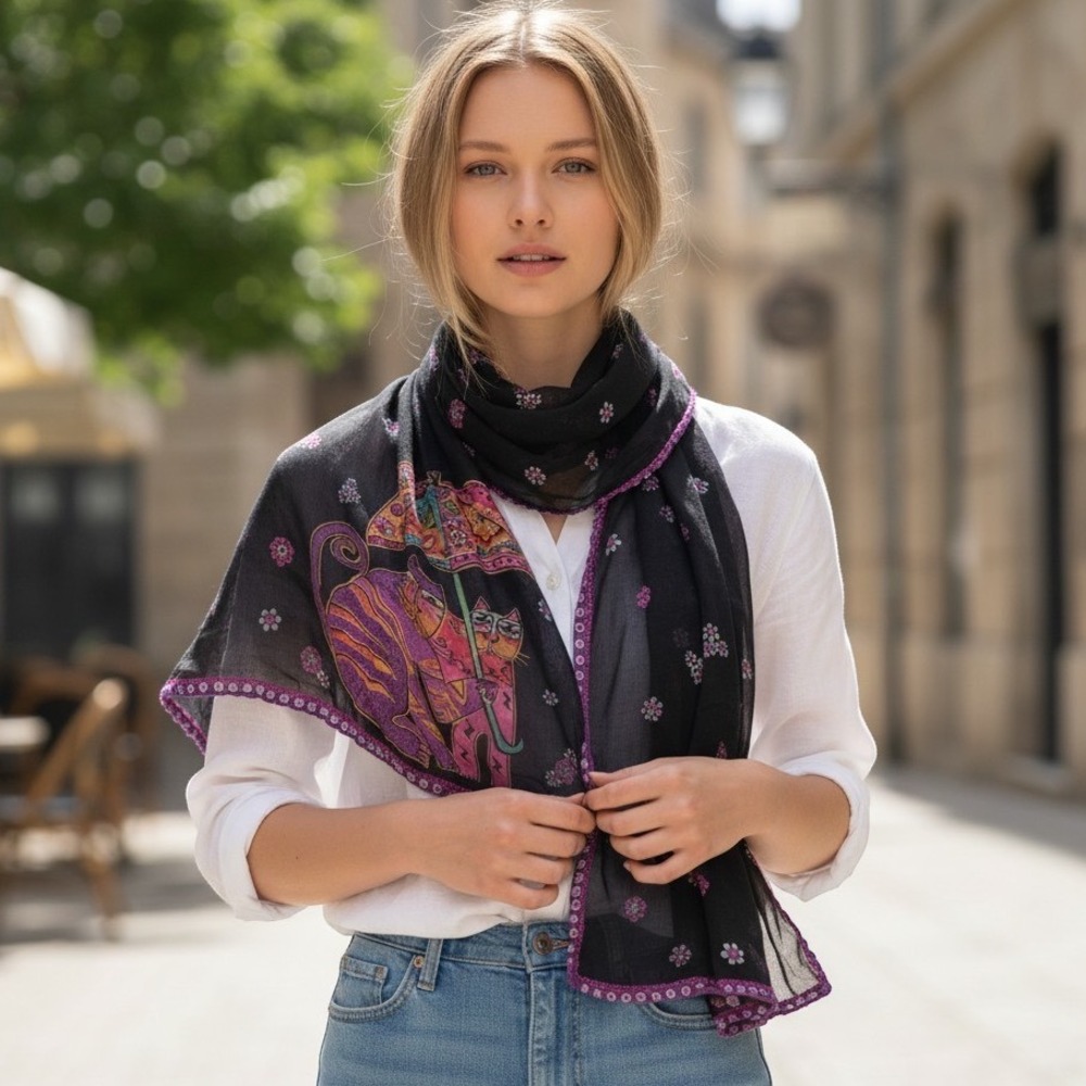 Unbranded Cat Scarf Womens OS Black Purple Umbrella Floral Sheer Artistic Scarf